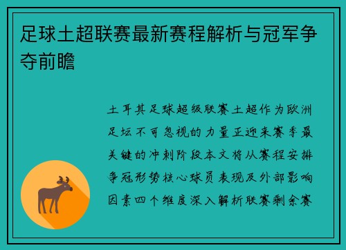 足球土超联赛最新赛程解析与冠军争夺前瞻